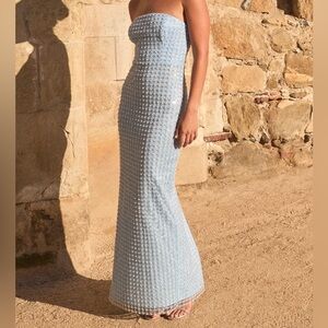 Perfectly Luxurious Light Blue Pearl Strapless Maxi Dress
